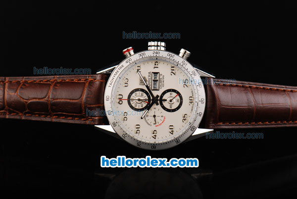 Tag Heuer Carrera Calibre 16 Chronograph Miyota Quartz Movement Swiss Coating Case with White Dial and Silver Numeral Markers - Click Image to Close